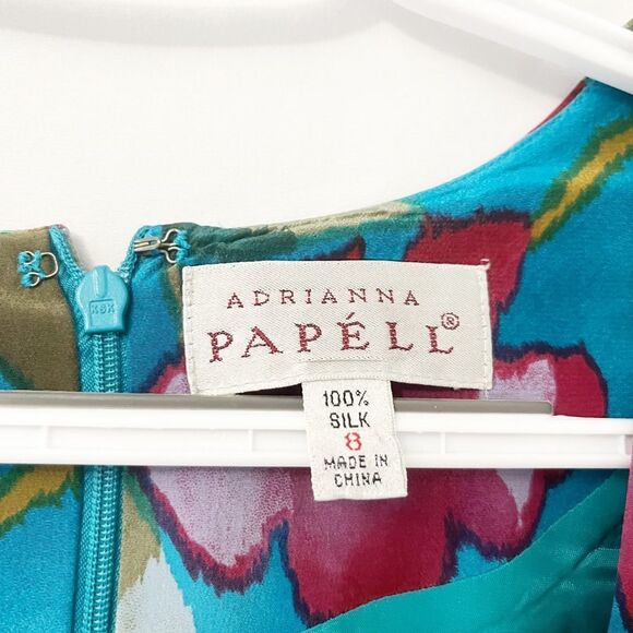 🟢Papell Petites 100% Silk Turquoise Teal Floral Sheath Dress Size 8 - Picture 4 of 7